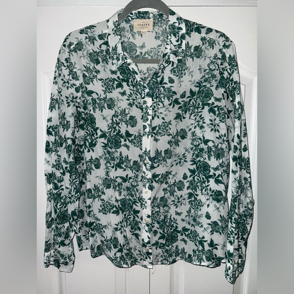 Sézane Piero Floral Green Button-Up Women's Top